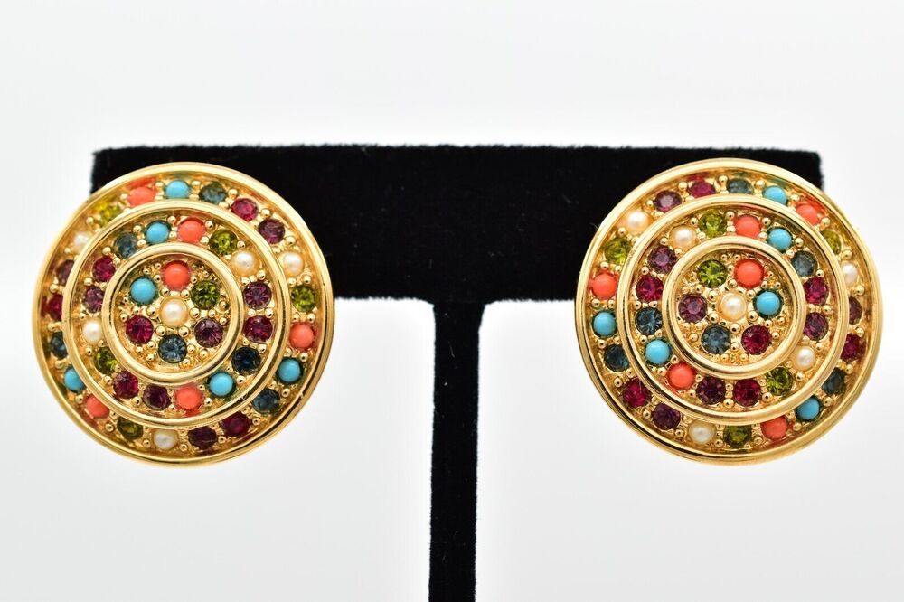 D'orlan Vintage Clip Earrings Round Cabochon Coral Turquoise Gold Signed BinBF
